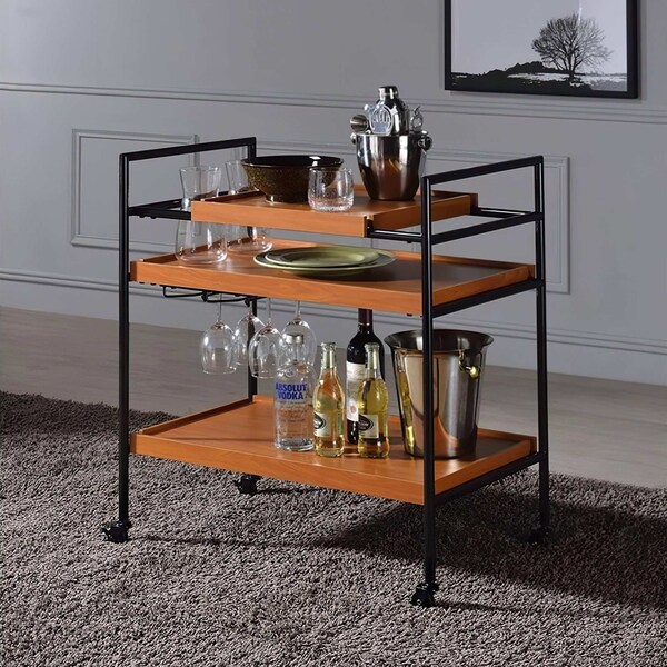 Acme Serving Cart with 3 Wooden Adjustable Shelves in Honey Oak and Black - ER-0278OAK