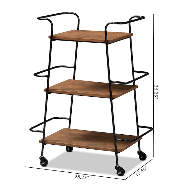 Baxton Studio Bernard Rustic Industrial Black Metal and Walnut Finished Wood 3-Tier Small Mobile Wine Bar Cart - 201-12840