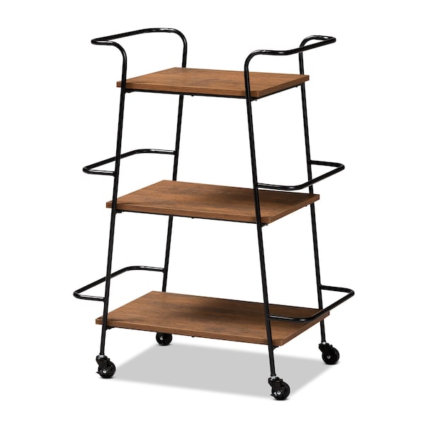 Baxton Studio Bernard Rustic Industrial Black Metal and Walnut Finished Wood 3-Tier Small Mobile Wine Bar Cart - 201-12840