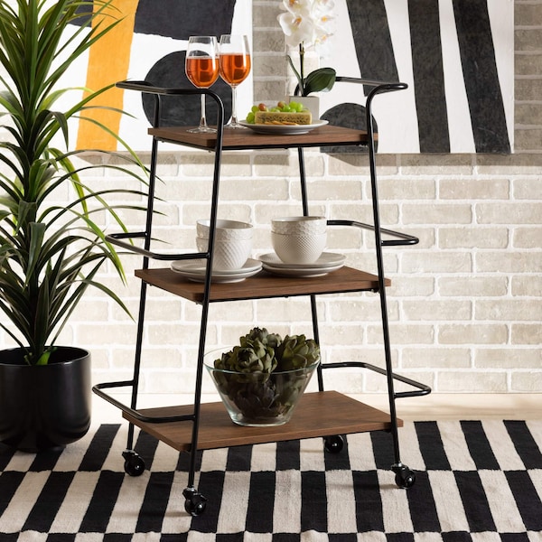 Baxton Studio Bernard Rustic Industrial Black Metal and Walnut Finished Wood 3-Tier Small Mobile Wine Bar Cart - 201-12840