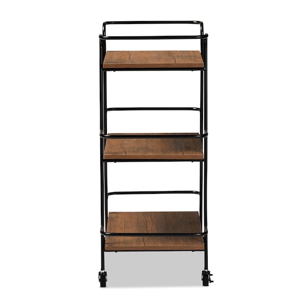 Baxton Studio Bernard Rustic Industrial Black Metal and Walnut Finished Wood 3-Tier Small Mobile Wine Bar Cart - 201-12840