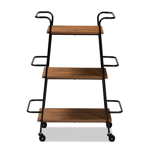 Baxton Studio Bernard Rustic Industrial Black Metal and Walnut Finished Wood 3-Tier Small Mobile Wine Bar Cart - 201-12840