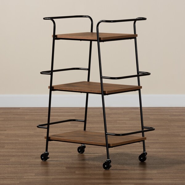 Baxton Studio Bernard Rustic Industrial Black Metal and Walnut Finished Wood 3-Tier Small Mobile Wine Bar Cart - 201-12840