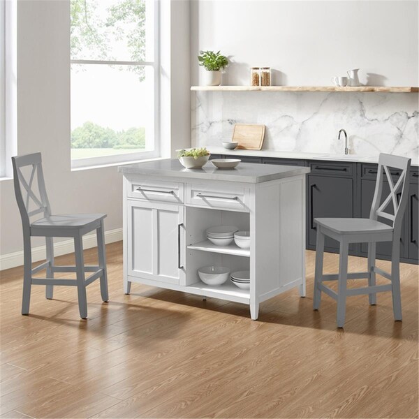 Kd Estanteria 41 x 46 x 57 in. Stainless Steel Top Kitchen Island with X-Back Stools - White - KD3586134