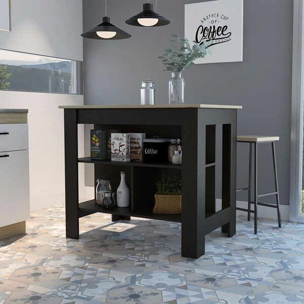 Gfancy Fixtures Modern Wengue & Light Oak Kitchen Island, Black - GF3669093