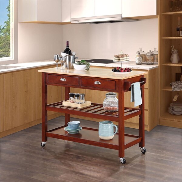 Convenience Concepts American Heritage 3 Tier Butcher Block Kitchen Cart with Drawers - Butcher Block/Mahogany - 802215BBMG