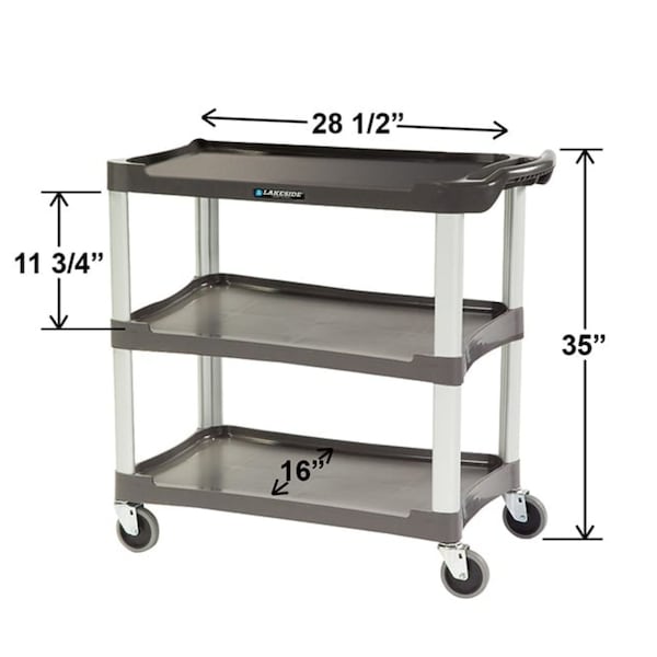 Lakeside Plastic Utility Cart; 300 lb Capacity, 3 Shelf, 16"x28-1/2" - Charcoal - 2503
