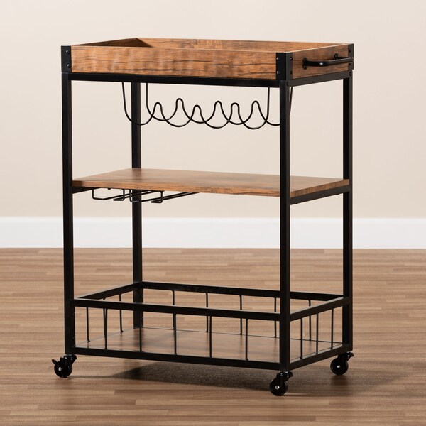 Baxton Studio Cerne Oak and Black Mobile Metal Bar Cart with Wine Bottle Rack - 153-9039