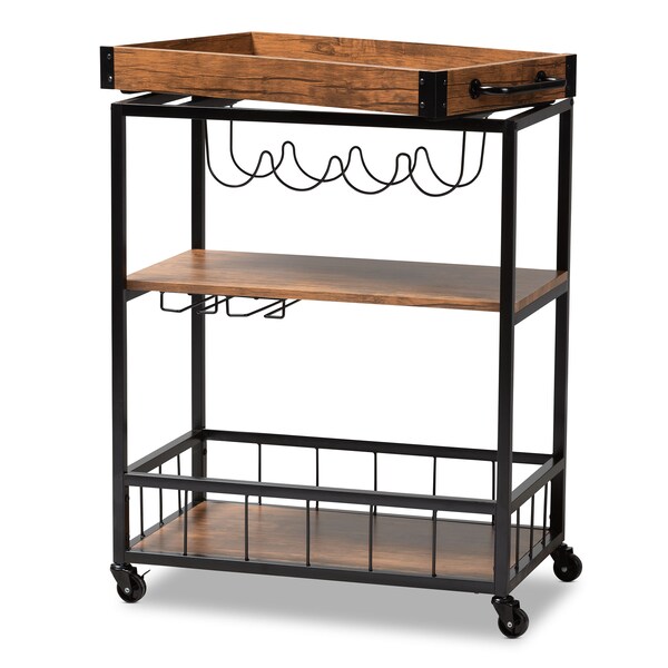 Baxton Studio Cerne Oak and Black Mobile Metal Bar Cart with Wine Bottle Rack - 153-9039