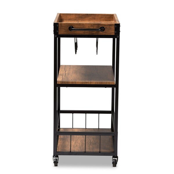 Baxton Studio Cerne Oak and Black Mobile Metal Bar Cart with Wine Bottle Rack - 153-9039