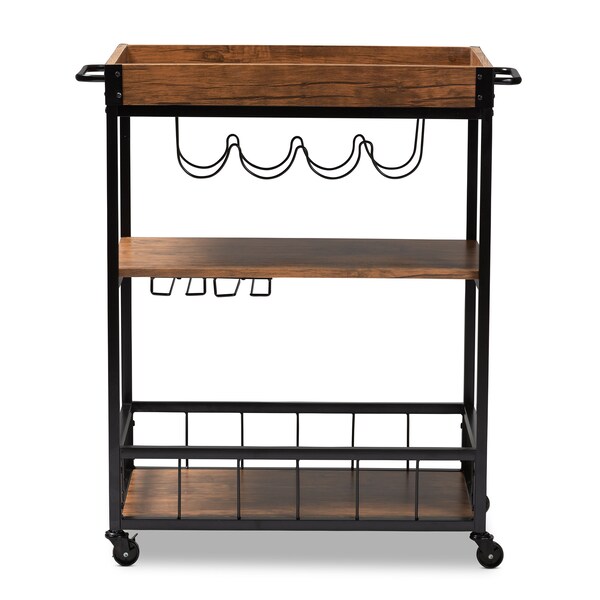 Baxton Studio Cerne Oak and Black Mobile Metal Bar Cart with Wine Bottle Rack - 153-9039