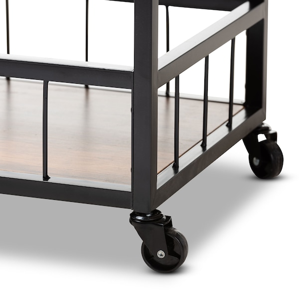 Baxton Studio Cerne Oak and Black Mobile Metal Bar Cart with Wine Bottle Rack - 153-9039