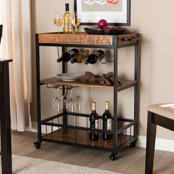 Baxton Studio Cerne Oak and Black Mobile Metal Bar Cart with Wine Bottle Rack - 153-9039