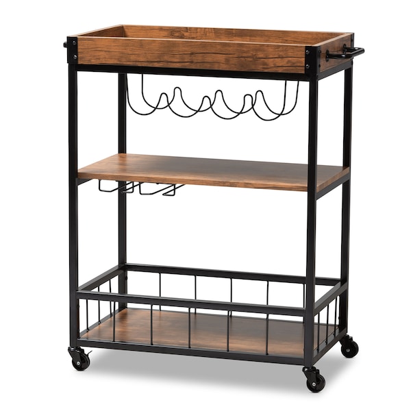 Baxton Studio Cerne Oak and Black Mobile Metal Bar Cart with Wine Bottle Rack - 153-9039