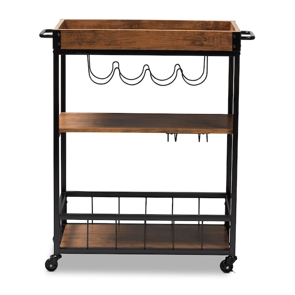 Baxton Studio Cerne Oak and Black Mobile Metal Bar Cart with Wine Bottle Rack - 153-9039