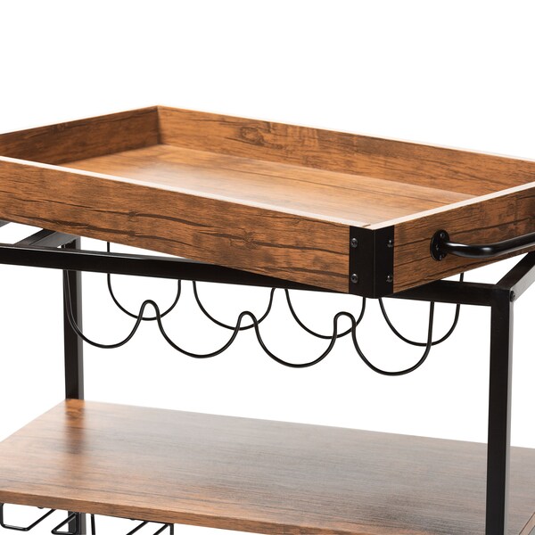 Baxton Studio Cerne Oak and Black Mobile Metal Bar Cart with Wine Bottle Rack - 153-9039