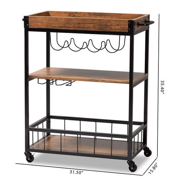 Baxton Studio Cerne Oak and Black Mobile Metal Bar Cart with Wine Bottle Rack - 153-9039