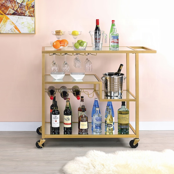 Acme Rectangular Glass Top Serving Cart with 3 Tiers in Gold - ER-0277GD