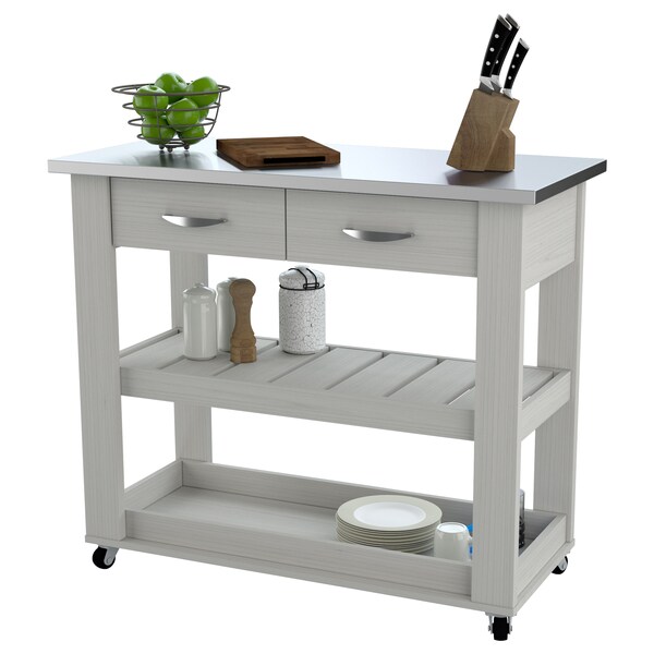 Inval Kitchen Cart in Washed Oak with Stainless Steel top 46.8 in. W x 33.8 in. H x 19.7 in. W - CR-1907