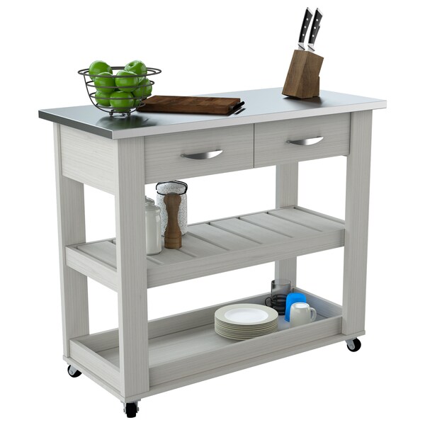 Inval Kitchen Cart in Washed Oak with Stainless Steel top 46.8 in. W x 33.8 in. H x 19.7 in. W - CR-1907