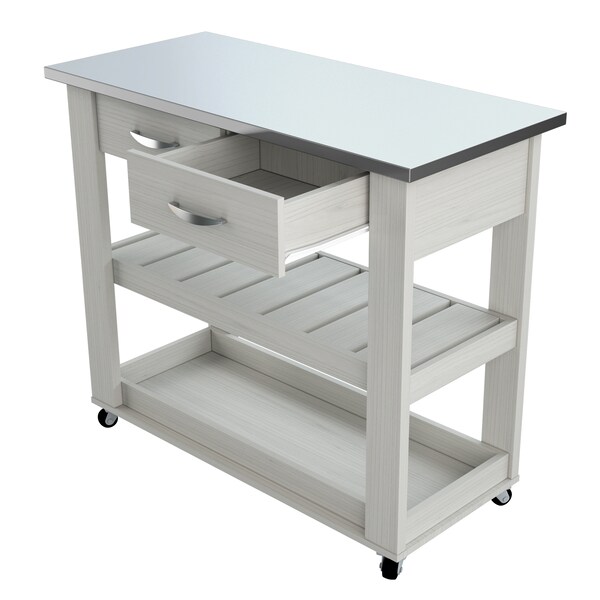 Inval Kitchen Cart in Washed Oak with Stainless Steel top 46.8 in. W x 33.8 in. H x 19.7 in. W - CR-1907