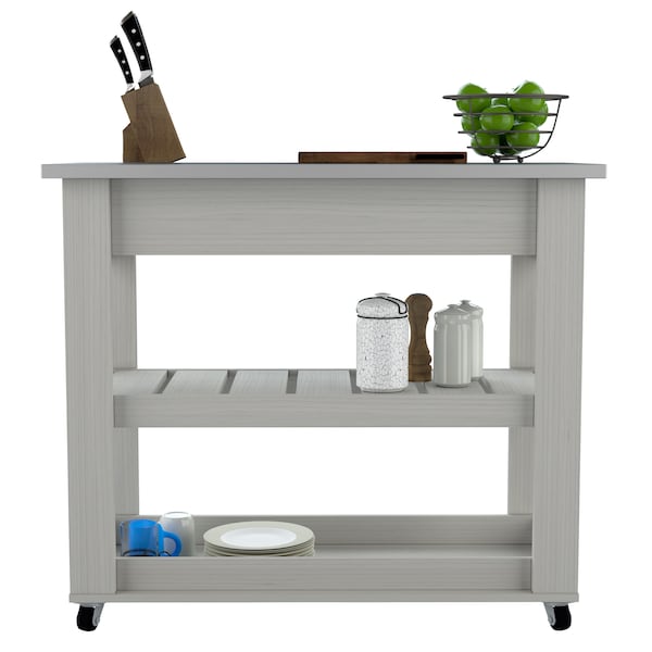 Inval Kitchen Cart in Washed Oak with Stainless Steel top 46.8 in. W x 33.8 in. H x 19.7 in. W - CR-1907