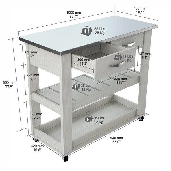 Inval Kitchen Cart in Washed Oak with Stainless Steel top 46.8 in. W x 33.8 in. H x 19.7 in. W - CR-1907