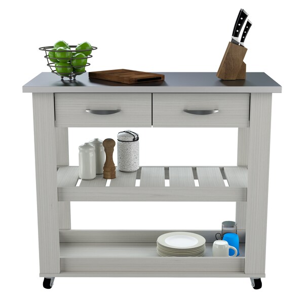 Inval Kitchen Cart in Washed Oak with Stainless Steel top 46.8 in. W x 33.8 in. H x 19.7 in. W - CR-1907