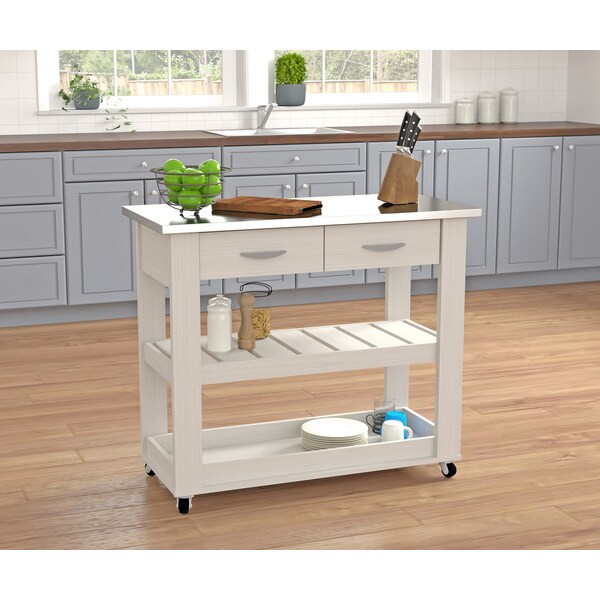Inval Kitchen Cart in Washed Oak with Stainless Steel top 46.8 in. W x 33.8 in. H x 19.7 in. W - CR-1907