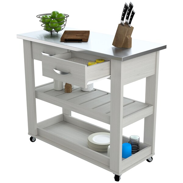 Inval Kitchen Cart in Washed Oak with Stainless Steel top 46.8 in. W x 33.8 in. H x 19.7 in. W - CR-1907