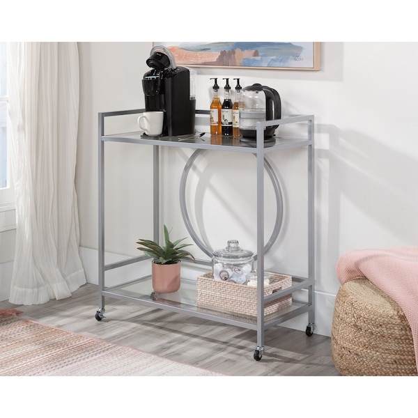 Sauder Int Lux Bar Cart Silver/glass 3a , Two, safety-tempered glass shelves for added elegance - 433831