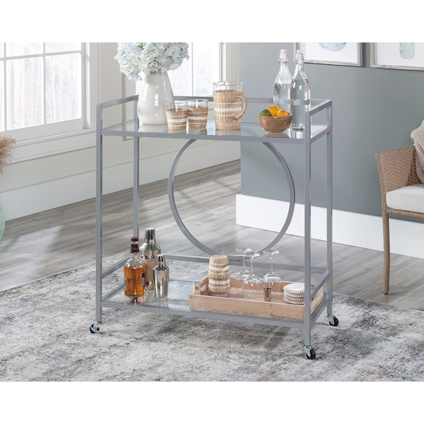 Sauder Int Lux Bar Cart Silver/glass 3a , Two, safety-tempered glass shelves for added elegance - 433831