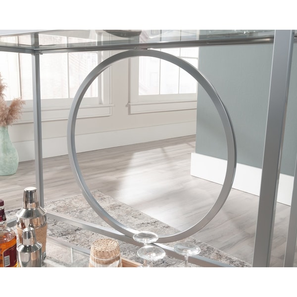 Sauder Int Lux Bar Cart Silver/glass 3a , Two, safety-tempered glass shelves for added elegance - 433831