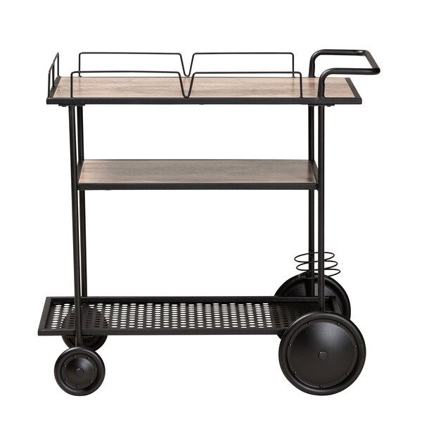 Baxton Studio Huntley Modern Industrial Walnut Brown Finished Wood and Black Metal Mobile Wine Cart - 218-12532-ZORO