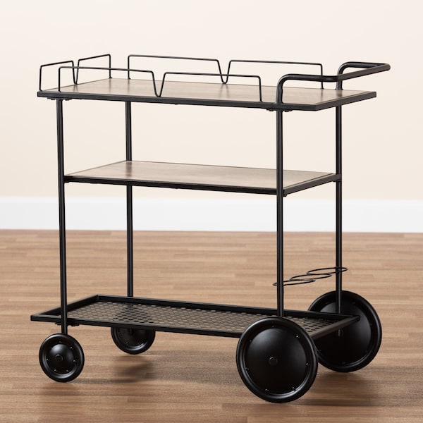 Baxton Studio Huntley Modern Industrial Walnut Brown Finished Wood and Black Metal Mobile Wine Cart - 218-12532-ZORO