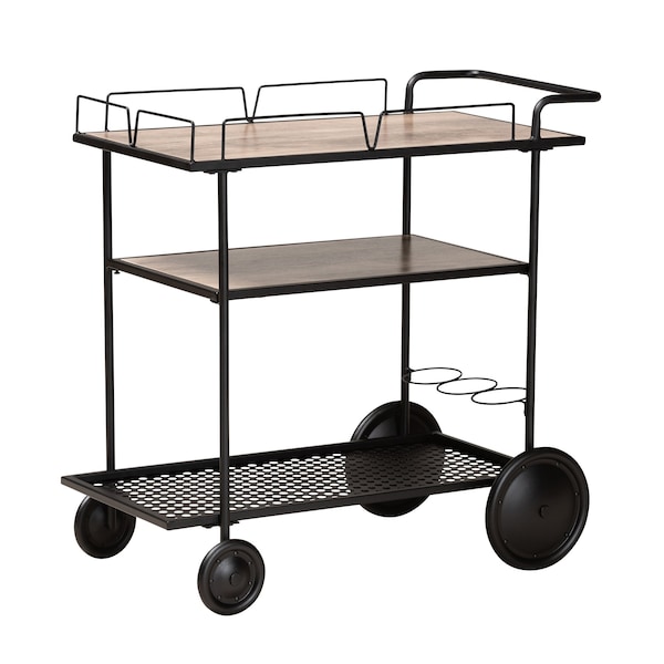 Baxton Studio Huntley Modern Industrial Walnut Brown Finished Wood and Black Metal Mobile Wine Cart - 218-12532-ZORO