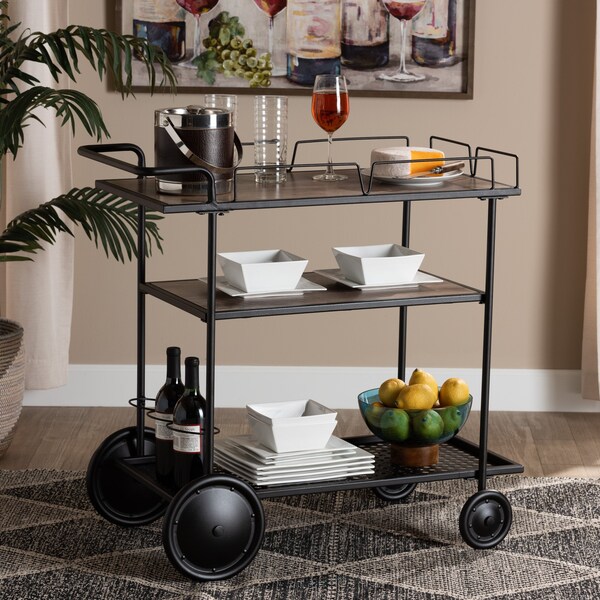 Baxton Studio Huntley Modern Industrial Walnut Brown Finished Wood and Black Metal Mobile Wine Cart - 218-12532-ZORO