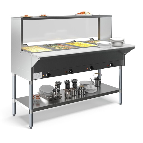 Koolmore Four Pan Open Well Electric Steam Table with Undershelf and Sneeze-Guard, . - KM-OWS-4SG