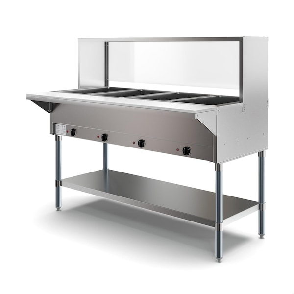 Koolmore Four Pan Open Well Electric Steam Table with Undershelf and Sneeze-Guard, . - KM-OWS-4SG