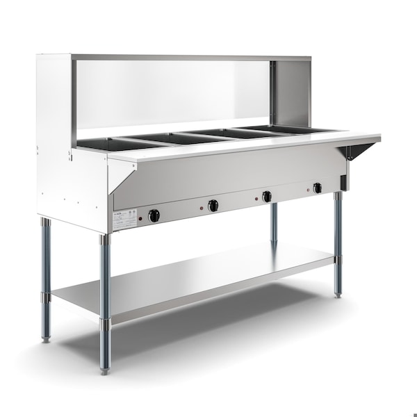 Koolmore Four Pan Open Well Electric Steam Table with Undershelf and Sneeze-Guard, . - KM-OWS-4SG