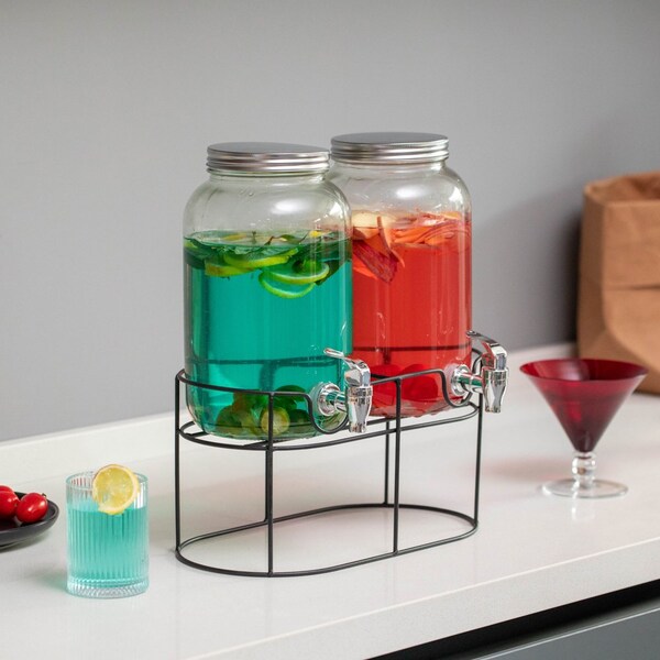 Basicwise 2-Pcs Versatile Glass Drink Dispenser Set with Metal Stand and Stainless Steel Spigots - Ideal - QI004713