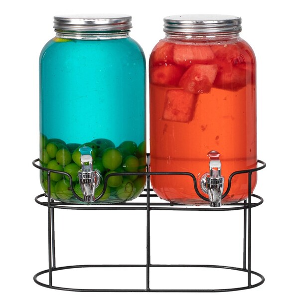 Basicwise 2-Pcs Versatile Glass Drink Dispenser Set with Metal Stand and Stainless Steel Spigots - Ideal - QI004713