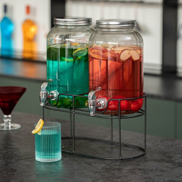 Basicwise 2-Pcs Versatile Glass Drink Dispenser Set with Metal Stand and Stainless Steel Spigots - Ideal - QI004713