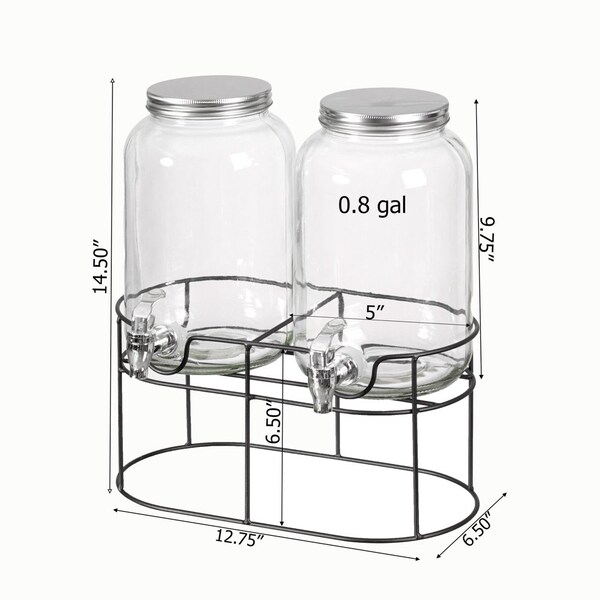 Basicwise 2-Pcs Versatile Glass Drink Dispenser Set with Metal Stand and Stainless Steel Spigots - Ideal - QI004713