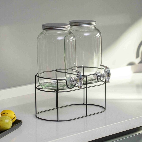 Basicwise 2-Pcs Versatile Glass Drink Dispenser Set with Metal Stand and Stainless Steel Spigots - Ideal - QI004713