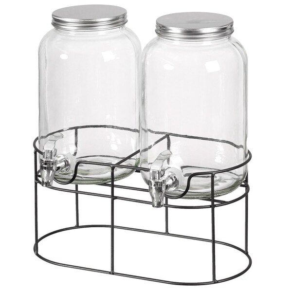 Basicwise 2-Pcs Versatile Glass Drink Dispenser Set with Metal Stand and Stainless Steel Spigots - Ideal - QI004713