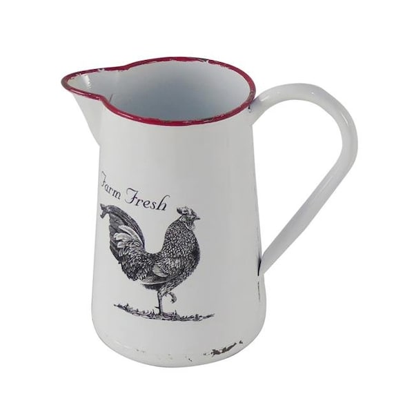 Cheungs Cheungs 5021 White Lacquered Metal Pitcher Decor with Chicken Decal - 5021