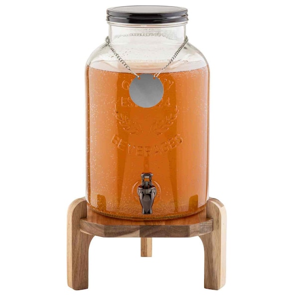 Tablecraft Glass Beverage Dispenser Stand, Acacia - 10757