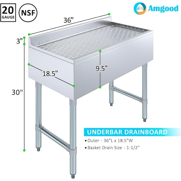 Amgood 36'' x 18'' Stainless Steel Underbar Drainboard - AMG UD-1836-Z