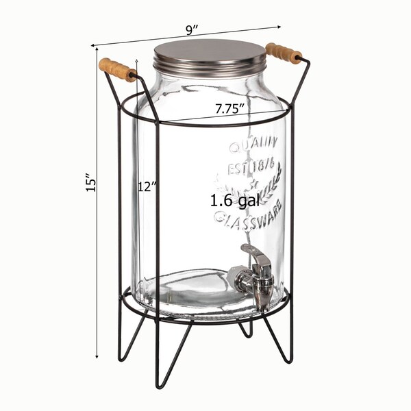 Basicwise 1.6-Gallon Glass Drink Dispenser with Stainless Steel Spigot - Water and Juice Container,  - QI004712
